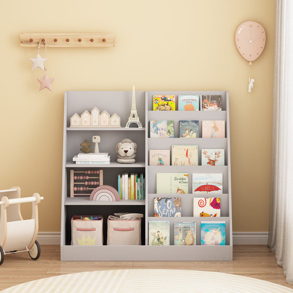 Kids Bookshelf and Toy Storage Organizer, Multifunctional 4 Tier Wooden Kids Book Shelf with Bookcase Display Stand, Children, Toddlers - Gray – Model W808P340216