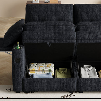 89-inch three-person cloud sofa with storage, armrests featuring hidden tabletop and USB ports, and armrests with storage function. High-quality cashmere three-person sofa. Suitable for living rooms,