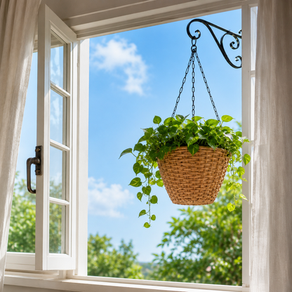 SOLHOME 10.6" Resin Wicker Set of 2 Hanging Planters with Steel Frame – Indoor Outdoor Plant Holders with Steel Hangers and PE Liner