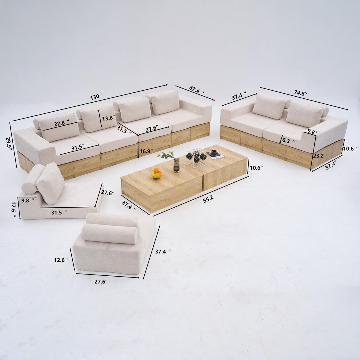 8-seat Modular Sectional Sofa with Storage Drawers, Multi-Functional L-Shaped Couch with Built-In Cabinet Base and Center Table Design, Convertible Combination Sofa Set, Modern Upholstered Sofa