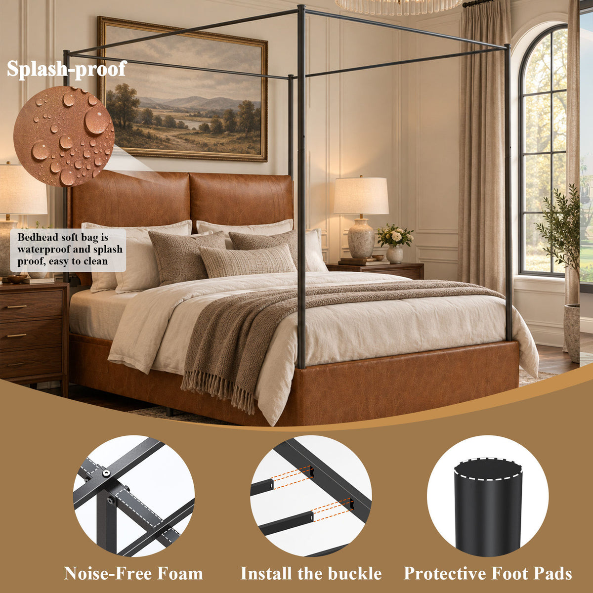 Queen Canopy Bed Frame,  Faux Leather Upholstered Bed with Metal Frame, Four Poster Platform Bed, No Box Spring Needed, Rustic Brown