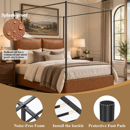 Queen Canopy Bed Frame,  Faux Leather Upholstered Bed with Metal Frame, Four Poster Platform Bed, No Box Spring Needed, Rustic Brown