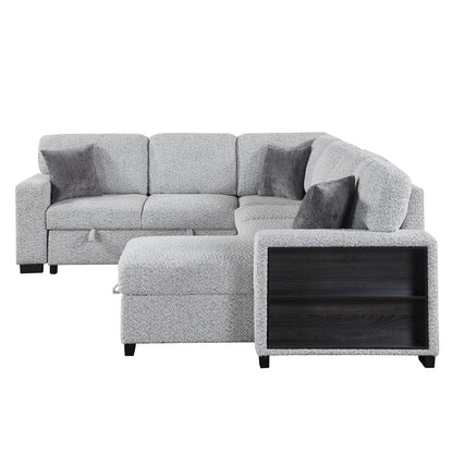 Giza Modular Sectional Sofa with Sleeper, Storage, USB Charging and Bouclé Upholstery in Gray