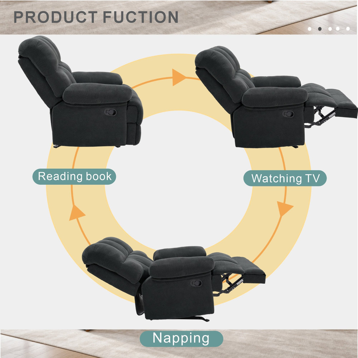 Modern Manual Rocker Recliner Chair with Nubby Upholstery Fabric in Dark Grey, Fabric +Wood and Metal Construction