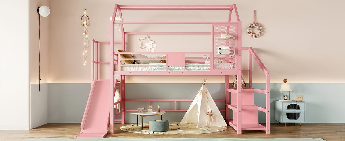 Full House Loft bed with Slide and Stairs, Metal Playhouse Bed with Storage Shelves, House-shaped Roof and Noise-free Design, Pink