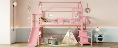 Full House Loft bed with Slide and Stairs, Metal Playhouse Bed with Storage Shelves, House-shaped Roof and Noise-free Design, Pink
