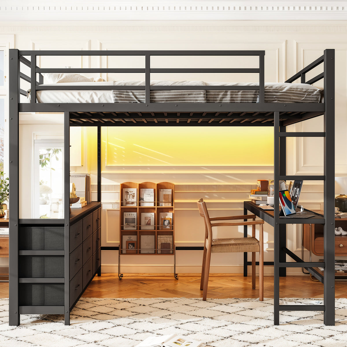 Queen Size Loft Bed with Desk, Loft Bed with Drawers, Loft Bed with Led Light and USB, Sturdy Loft bed Frame, Loft Bed with Mirror, Multi-Functional High Loft Bed for Teens Adults.Black