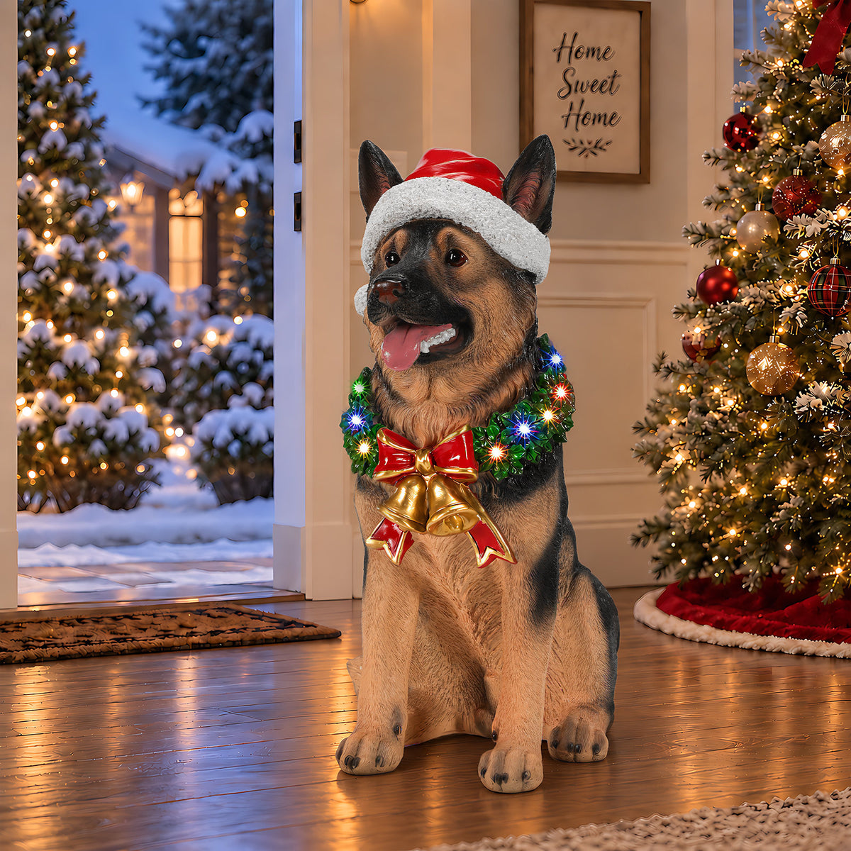 Lighted Christmas German Shepherd Dog Statue, Santa Hat Puppy Figurine with LED Wreath and Bells