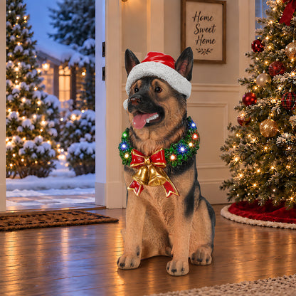 Lighted Christmas German Shepherd Dog Statue, Santa Hat Puppy Figurine with LED Wreath and Bells