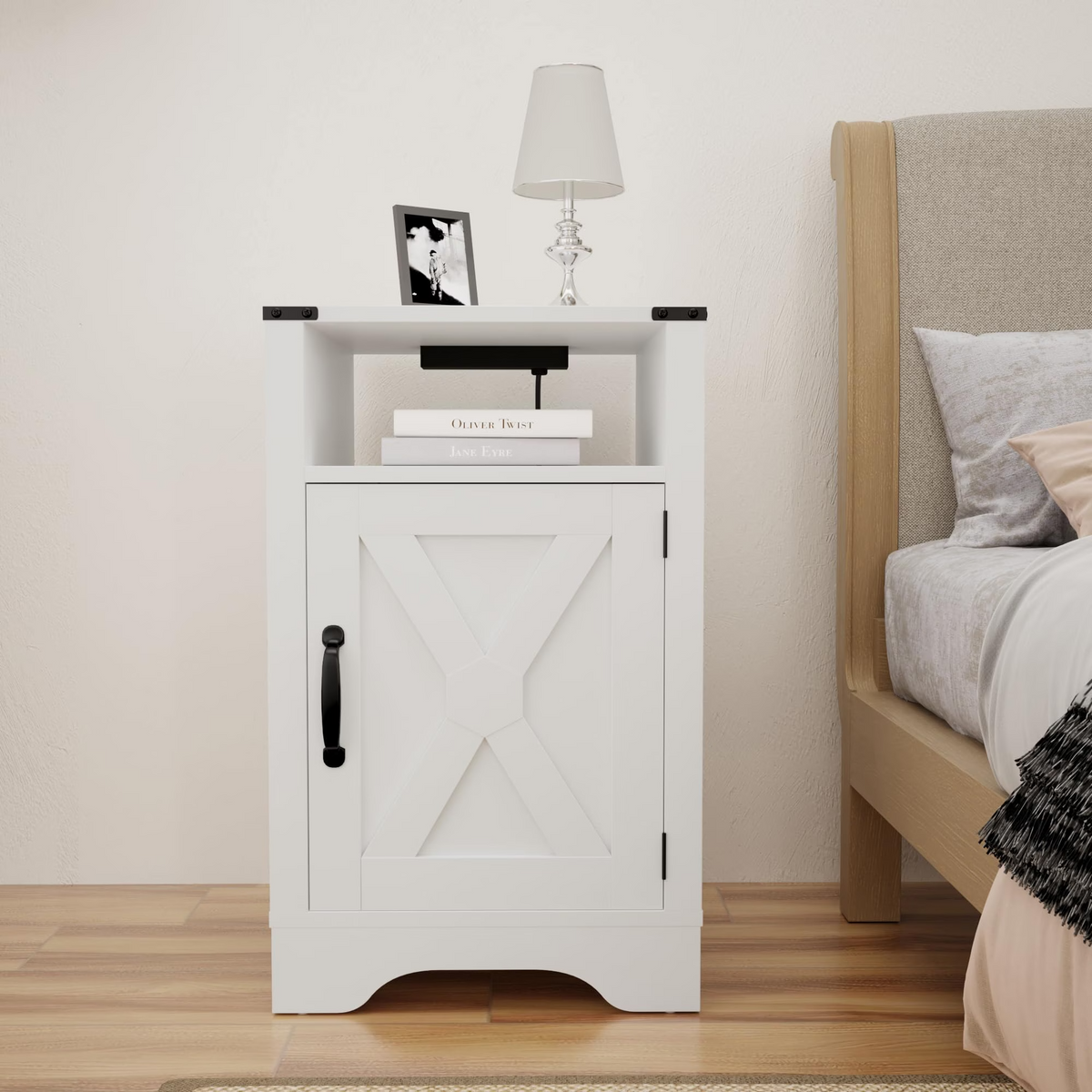 Farmhouse Nightstand with Charging Station Wooden Rustic End Table for Bedroom, Living Room, 16" D x 16" W x 25" H(Set of 1), White