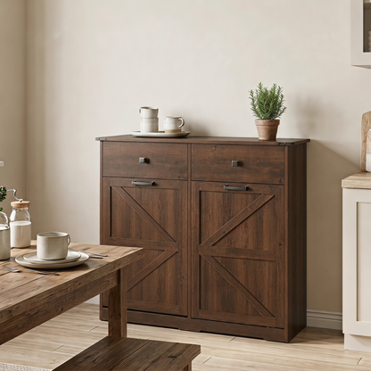 Farmhouse Double Tilt Out Trash Cabinet for 20 Gallon Trash Cans, Free Standing Recycling Cabinet with Hideaway Drawer, Barn Door Style Laundry Sorter Cabinet, Tilt Out Trash Cabinet for Kitchen