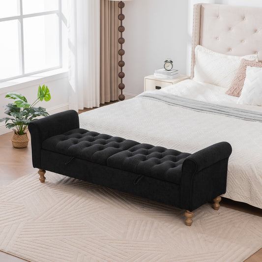 65.75" Wide Modern Upholstered  Storage Bench With Double Lids, Napped fabric Foot Stool With Rolled Armrest, Bench Daybed With Rubberwood Legs For Living Room, Entryway, Dormitory, Bedroom,Black