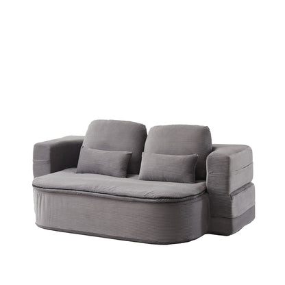 75'' 2-in-1 Foldable Sofa Bed with Multi-Functional Blanket in Grey Corduroy, Convertible Floor Lounge for Living Room Bedroom Studio