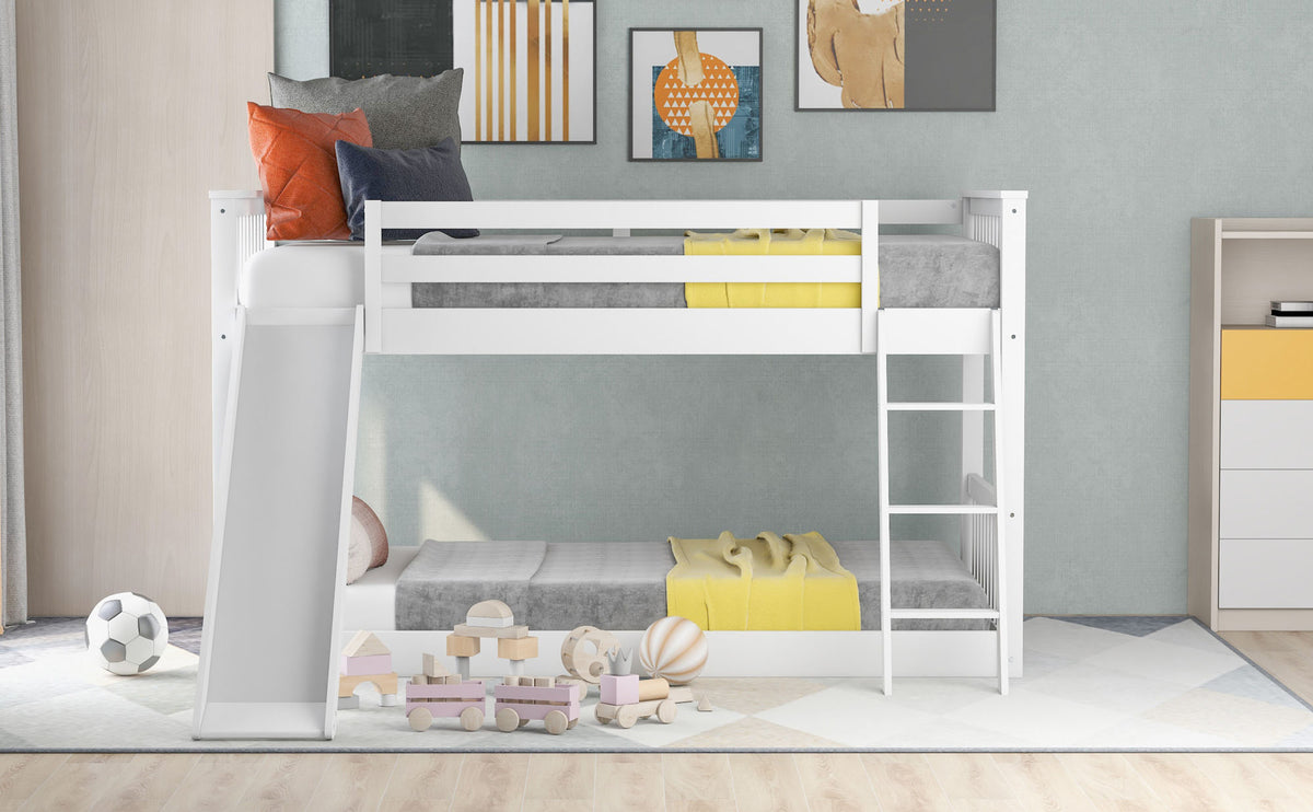 White Twin over Twin Bunk Bed with Convertible Slide and Ladder, Pine Wood, 79.1''L x 42.1''W x 49.4''H
