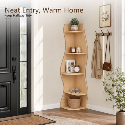 (Old Sku : W5156P534910)5-Tier Corner Shelf, Modern Wavy Corner Bookshelf, Tall Corner Storage Rack for Living Room, Bedroom, Kitchen, Home Office, Space-Saving Display Stand with Rounded Edges