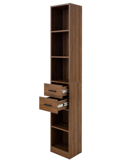Tall Narrow Bookshelf, Slim Floor-Standing Storage Cabinet with 2 Drawers & 5 Open Shelves, Display cabinet for Living Room, Bedroom, Bathroom