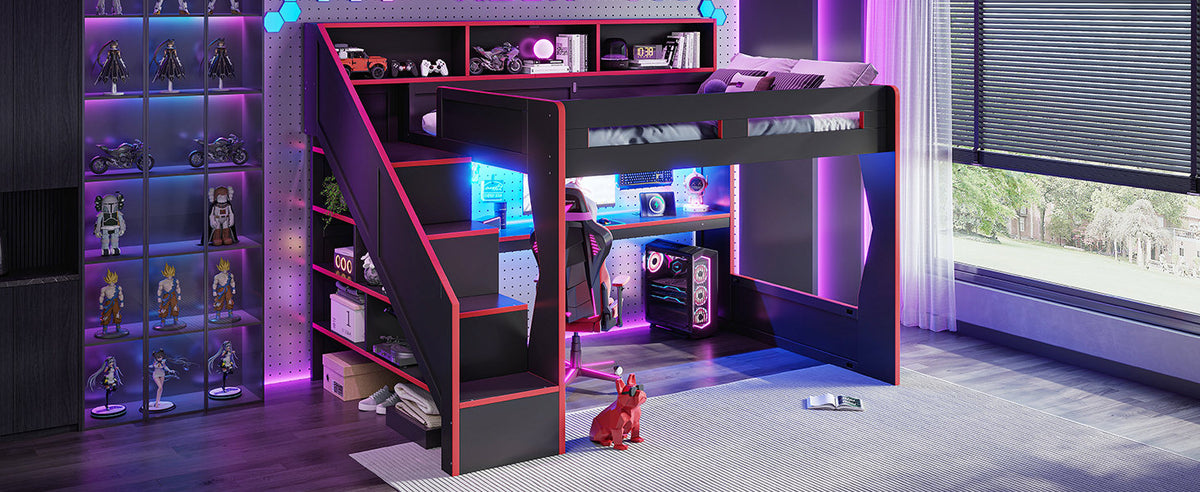 Queen Size Gaming Loft Bed with Storage Stair & Open Headboard Shelves, LED Light & USB Charging Desk, Elevated Loft Bed Frame with House-Shaped Cutout Design for Gamers,Black&Red