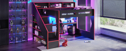 Queen Size Gaming Loft Bed with Storage Stair & Open Headboard Shelves, LED Light & USB Charging Desk, Elevated Loft Bed Frame with House-Shaped Cutout Design for Gamers,Black&Red