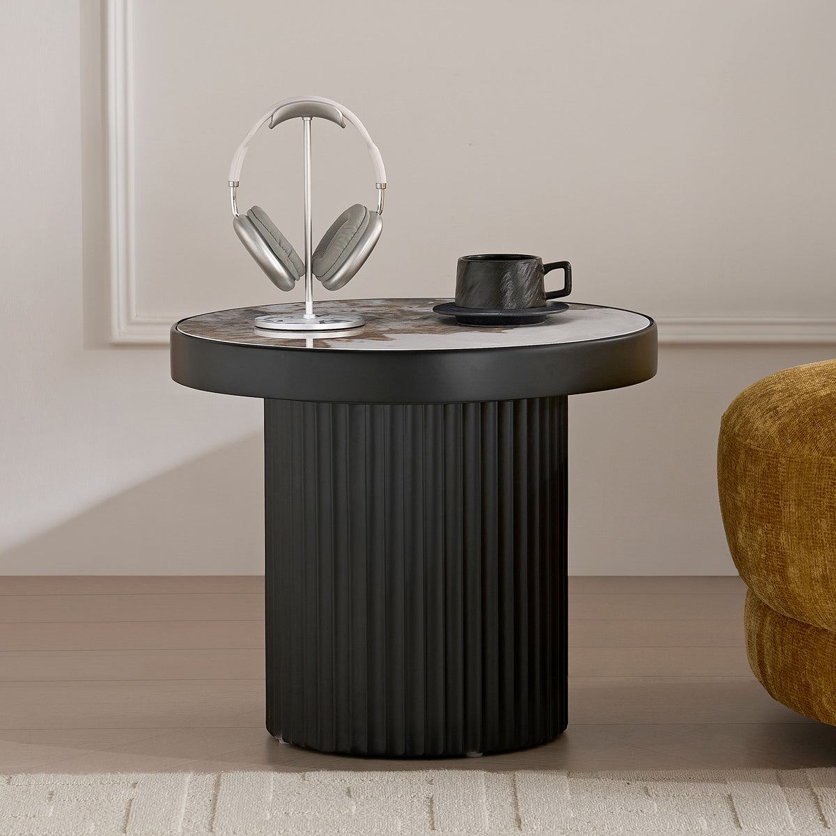 Set of 2 Coffee Table,MDF Round Coffee Table Sintered Stone Tabletop for Living Room Apartment,Leisure Area BLACK