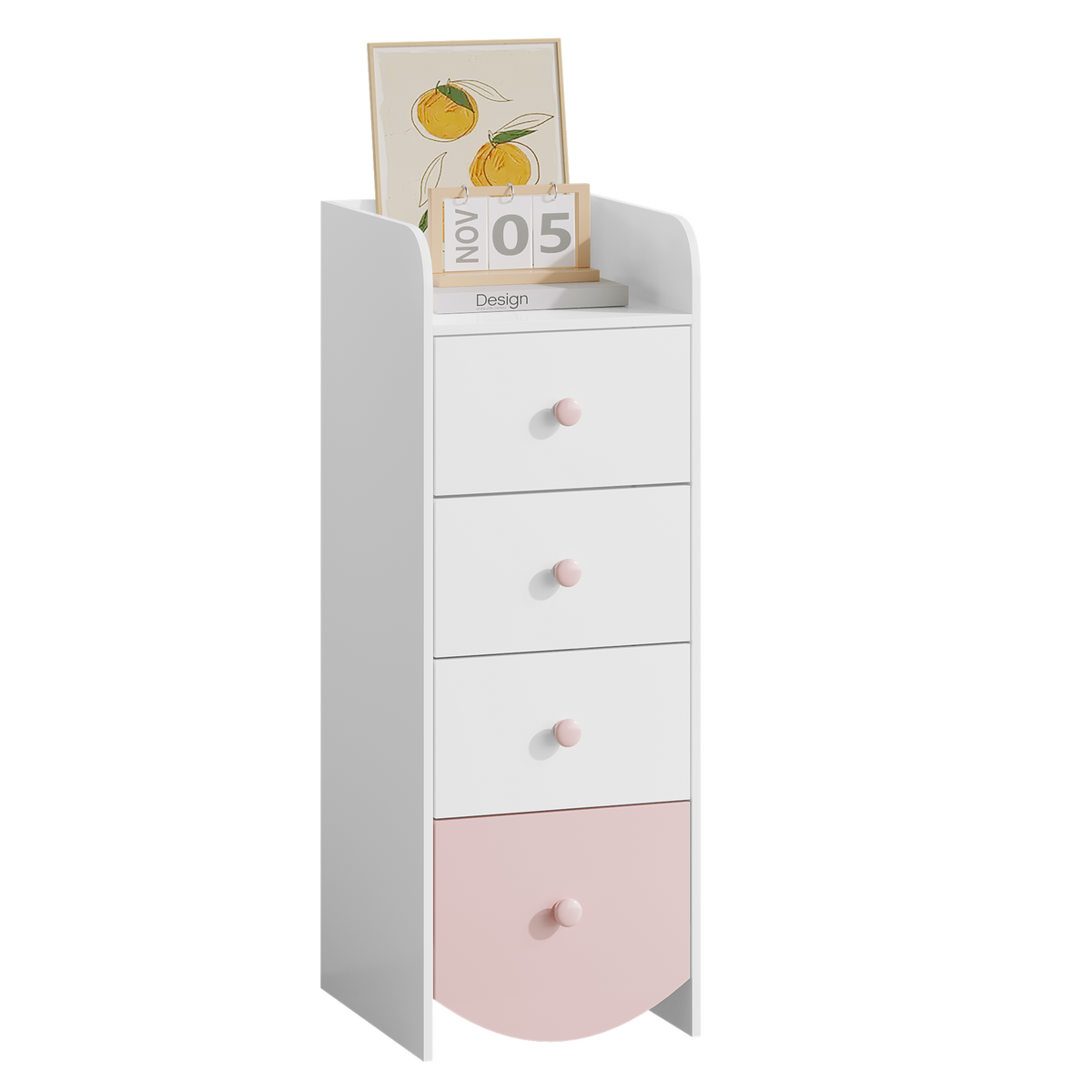 Kids Dresser with 4 Drawers, Narrow Storage Cabinet for Kids Room, MDF Chest of Drawers with Round Bottom Design, Nursery Bedroom Organizer, White