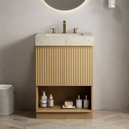 FINO 24" Bathroom Vanity&Sink,Freestanding Cabinet,Cream Gold Vein Sintered Stone Top&Ceramic Basin with 3 Pre-drilled Faucet Holes, Disassembled, Faucet & Drain Excluded, Corolla Oak Woodgrain Color