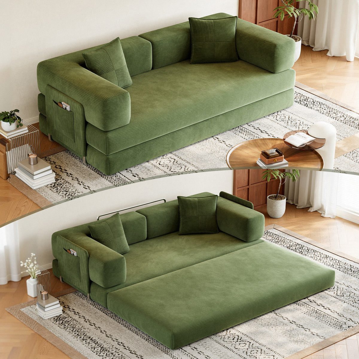 79-Inch Teddy Couch Convertible Sleeper Sofa Bed, 5-in-1 Corduroy Floor Sofa with High-Density Foam, Metal Back and Arm Supports, Washable Cover and Side Pockets, Green