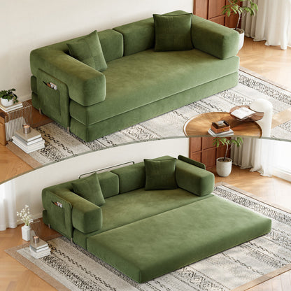 79-Inch Teddy Couch Convertible Sleeper Sofa Bed, 5-in-1 Corduroy Floor Sofa with High-Density Foam, Metal Back and Arm Supports, Washable Cover and Side Pockets, Green
