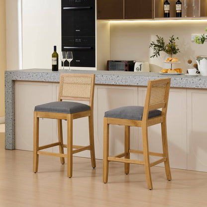 Full Solid Wood Rattan-Back Bar Stool, Matte Linen Cushion with High-Resilience Foam & S-Springs
