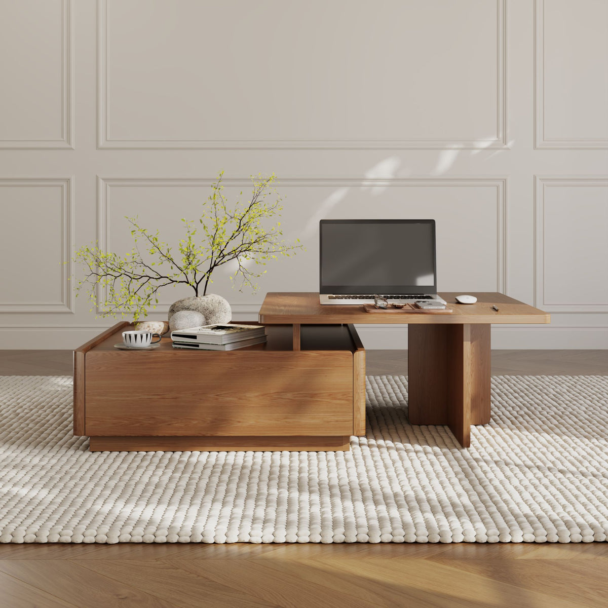 Luxury Walnut Wood Square Coffee Table with Large Hidden Storage, Expandable Tabletop Center Table for Living Room, Modern Accent Table with Drawers (59" Walnut Coffee Table)
