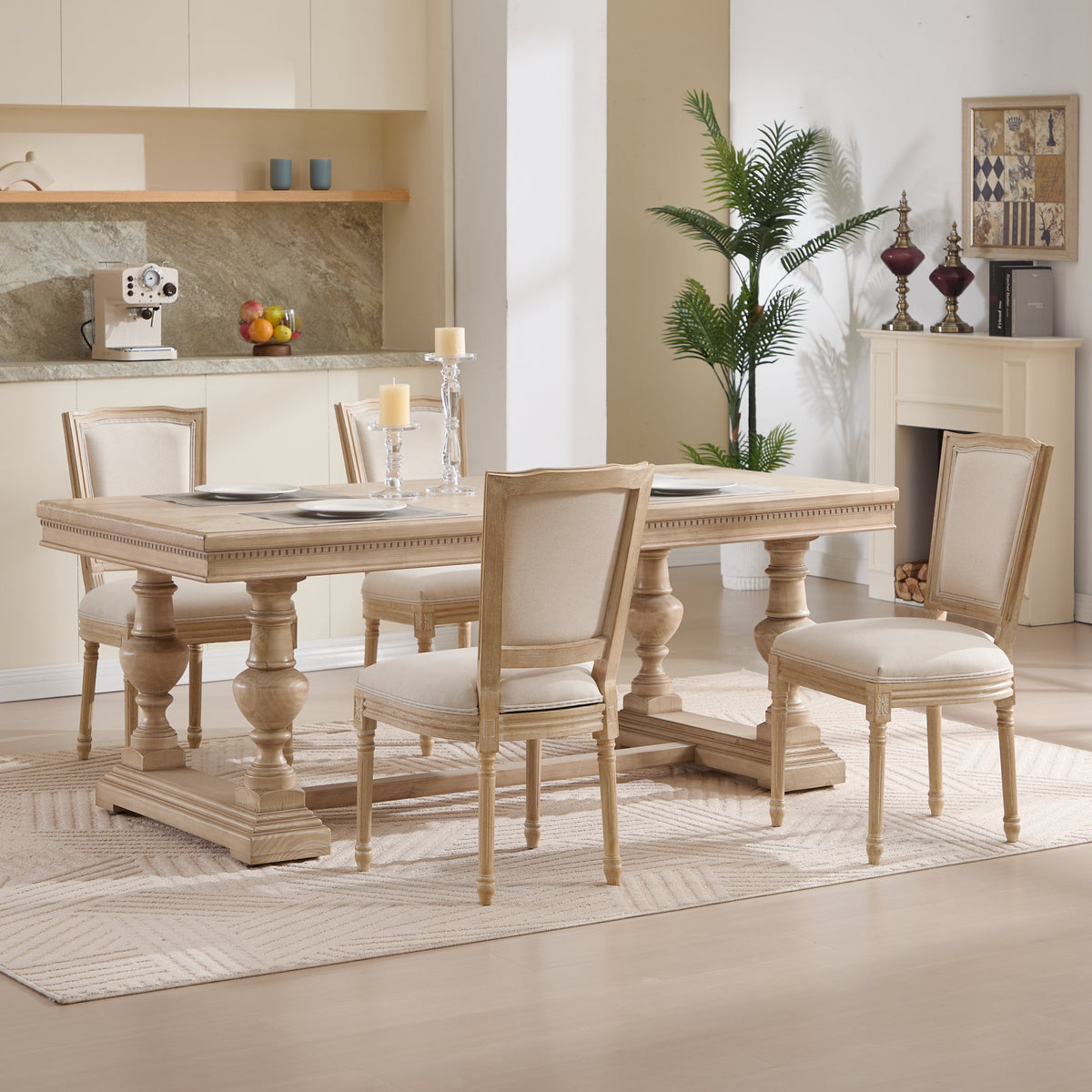 French Country Dining Chairs Set of 2, Upholstered Chairs with T-shaped Back, Wire drawing and carving techniques, Disassemblable