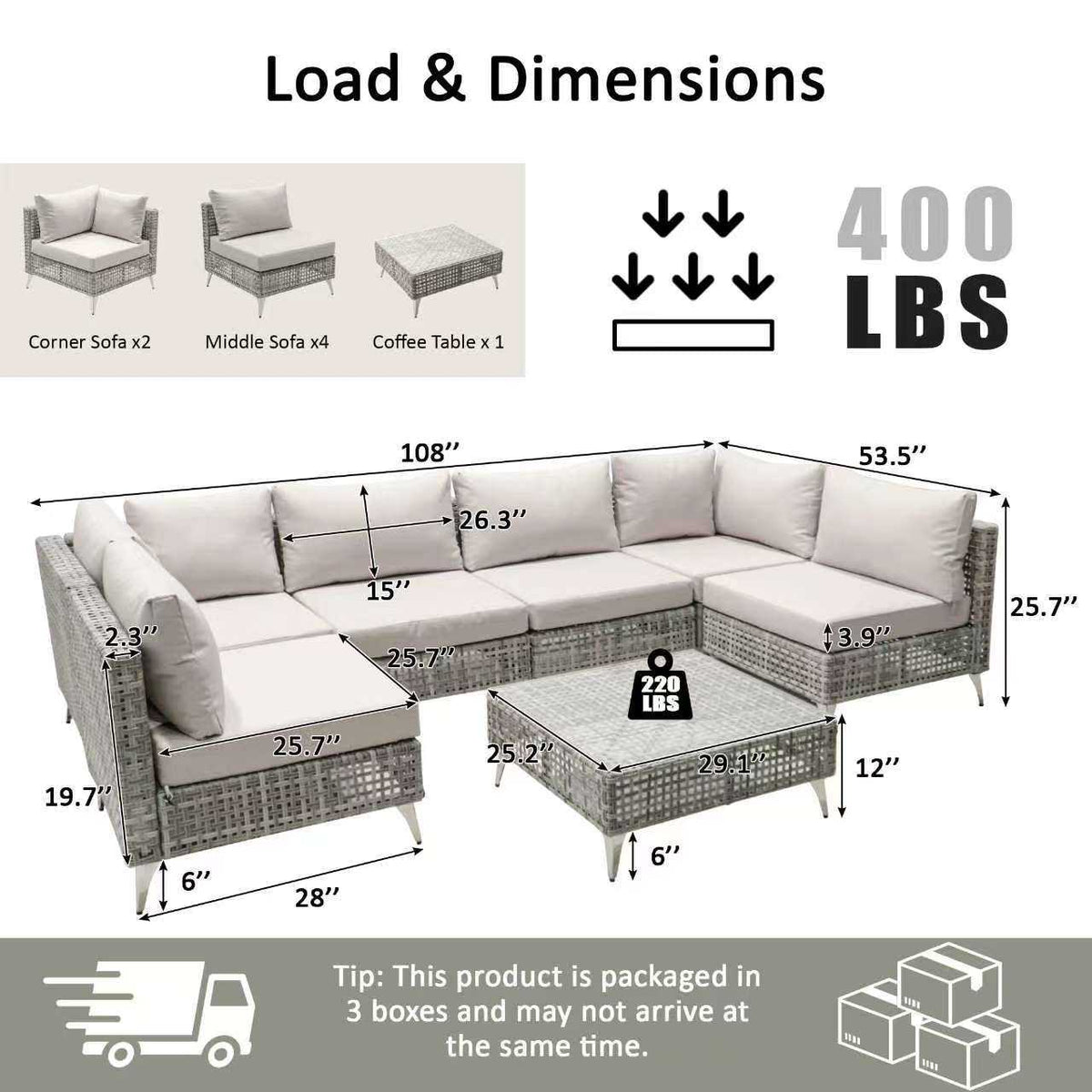 K&K 7-Piece Wicker Patio Furniture Set, Outdoor Conversation Set Sectional Sofa with Water Resistant Grey Thick Cushions and Coffee Table