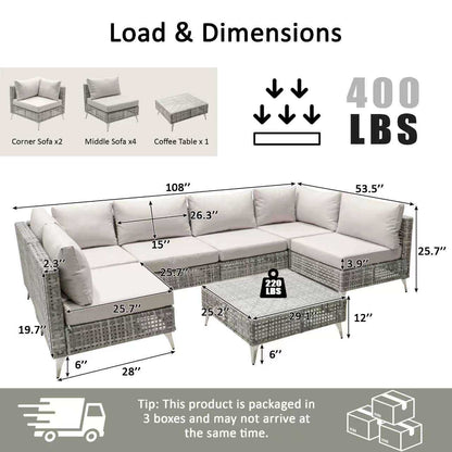 K&K 7-Piece Wicker Patio Furniture Set, Outdoor Conversation Set Sectional Sofa with Water Resistant Grey Thick Cushions and Coffee Table