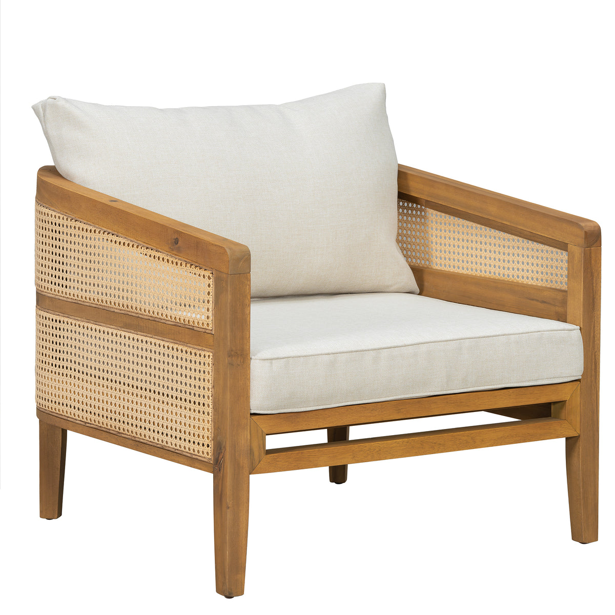 TOPMAX 5-Piece Acacia Wood Patio Furniture Set, Modular Outdoor PE Rattan Sofa Set with Loveseat, 2 Armchairs & Round Coffee Table, Water-Resistant Cushions for Backyard Poolside, Beige