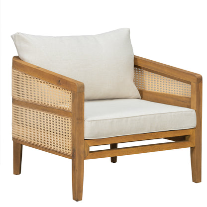TOPMAX 5-Piece Acacia Wood Patio Furniture Set, Modular Outdoor PE Rattan Sofa Set with Loveseat, 2 Armchairs & Round Coffee Table, Water-Resistant Cushions for Backyard Poolside, Beige