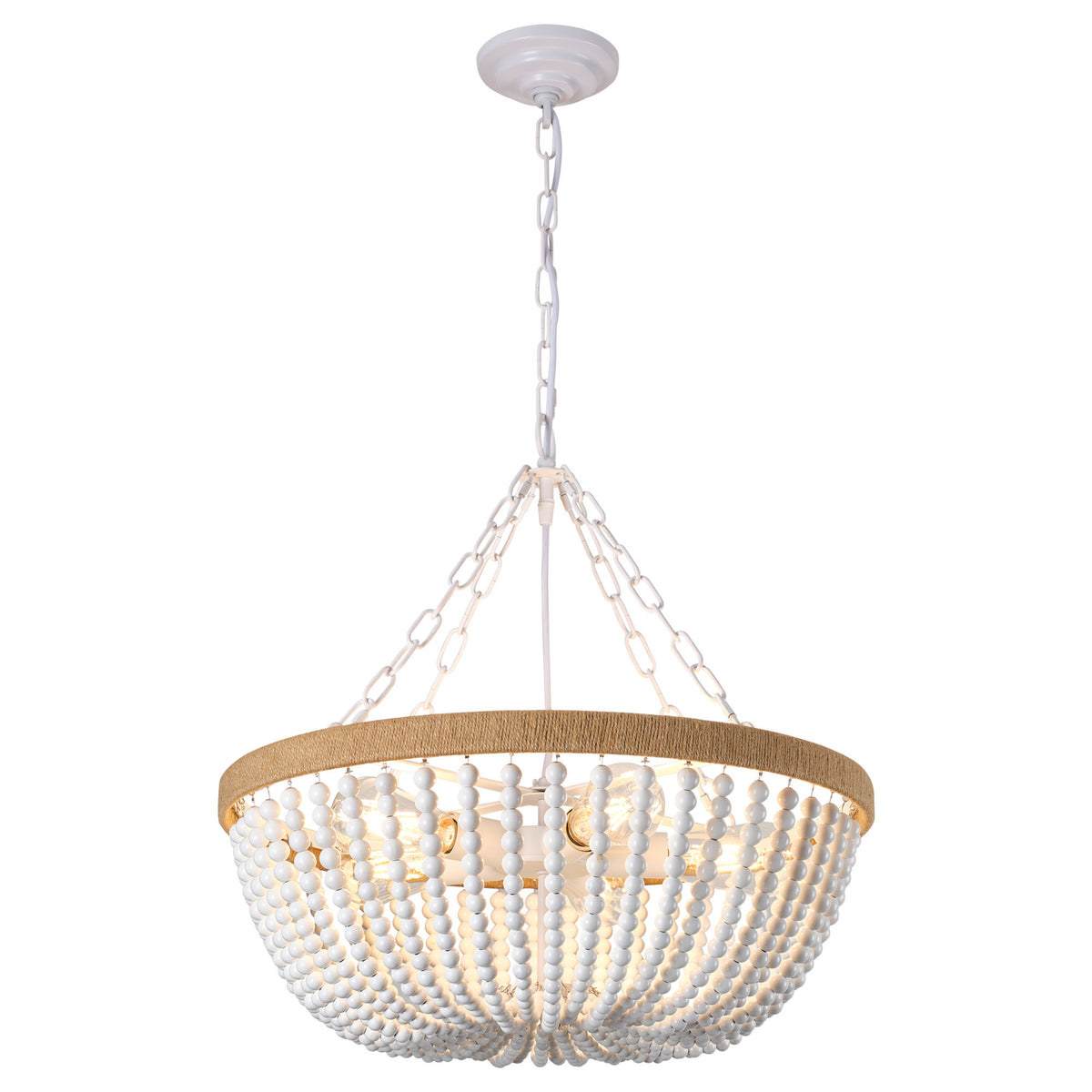 21.65" Farmhouse Chandelier, Matte White & Natural Wood Finish, 5xE26 Socket Max 60W, Bulbs Not Included