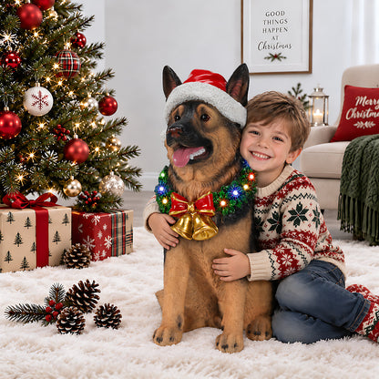 Lighted Christmas German Shepherd Dog Statue, Santa Hat Puppy Figurine with LED Wreath and Bells