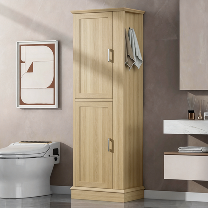 Tall Bathroom Storage Cabinet, Freestanding Storage Cabinet with Hook and Adjustable Shelf, MDF Board, Natural