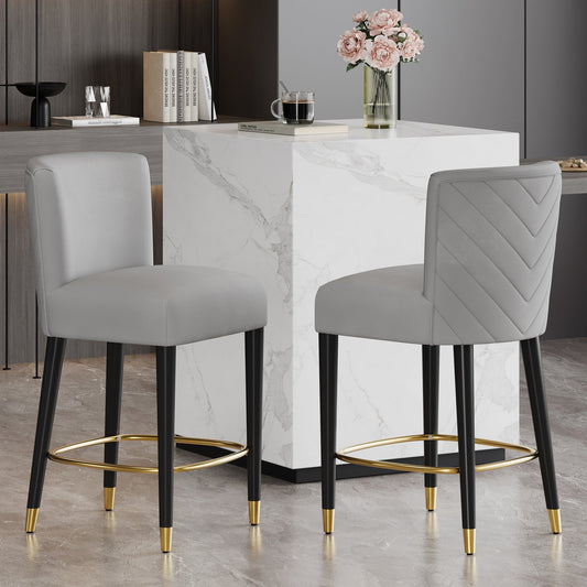 27inch-counterstool, modern design with a smooth, light - colored fabric and circular footrest with a gold - colored finish