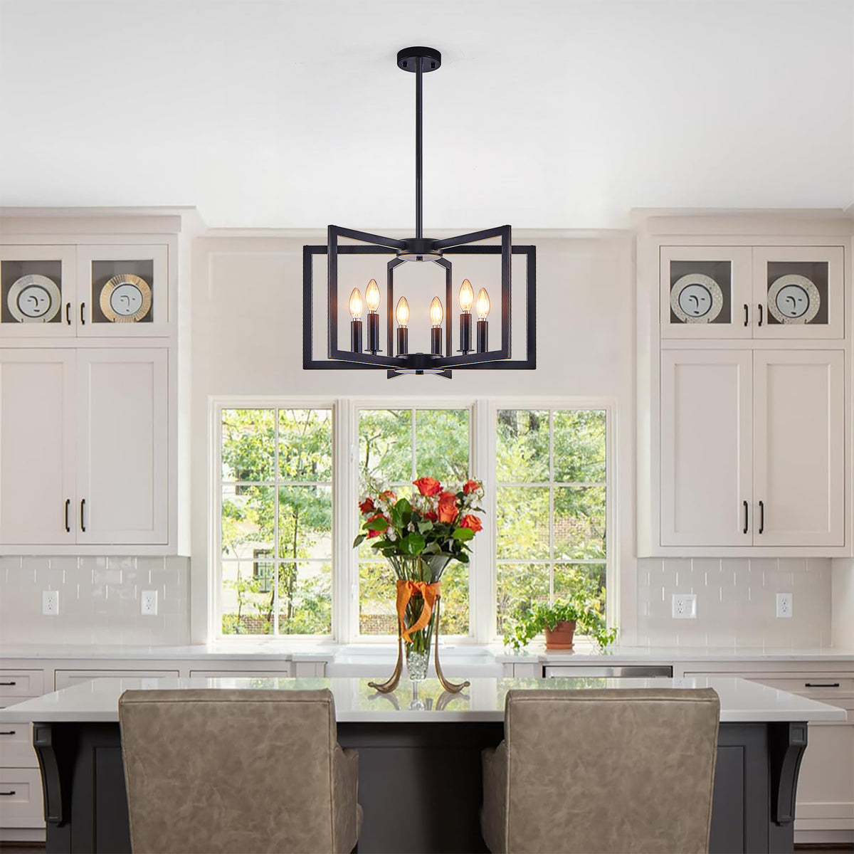 22" Modern Black Geometric 6-Light Chandelier - Industrial Metal Pendant Light Fixture, or Kitchen (Bulb Not Included)