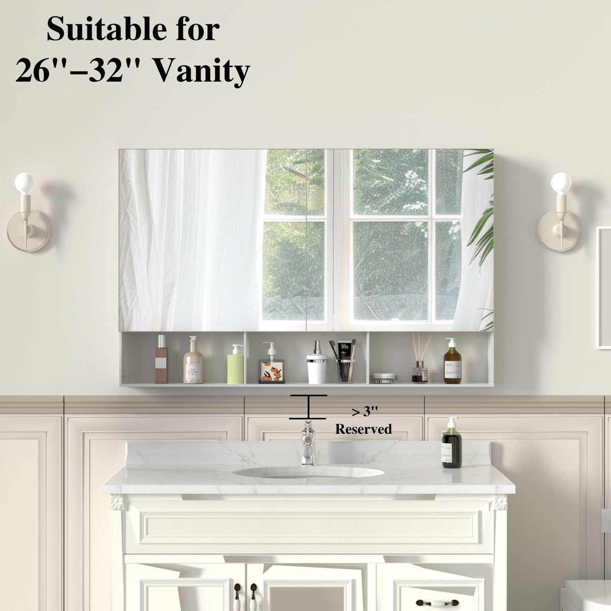 48X30 Medical Cabinet with Mirror, suitable for bathroom, wall-mounted bathroom mirror, with storage function, adjustable shelves, aluminum frame, surface-mounted, silver