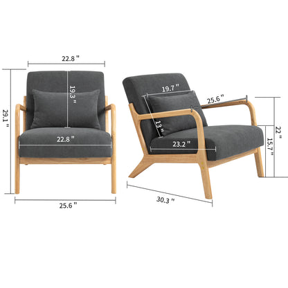 Mid Century Modern Accent Chair with Wood Frame, Upholstered Living Room Chairs with Waist Cushion, Reading Armchair for Bedroom Sunroom – Grey