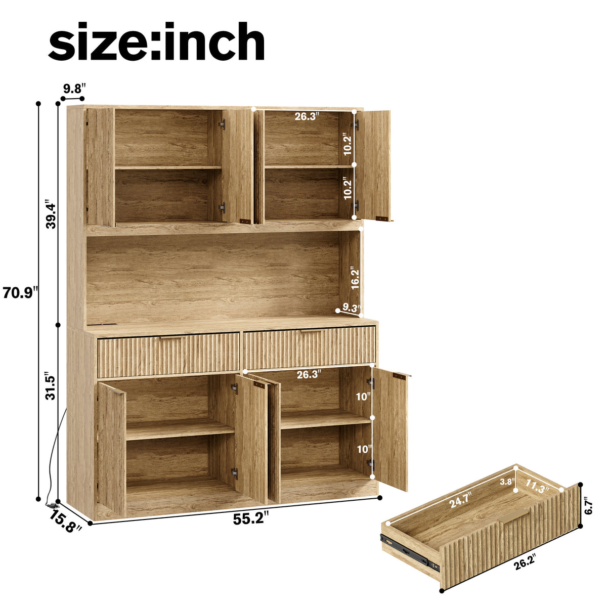 71" Tall Kitchen Pantry Cabinet with Power Outlet, Hollow Open Countertop, Modern Multi-Functional Storage Hutch Cabinet for Dining Room, Entryway and Living Room,Natural