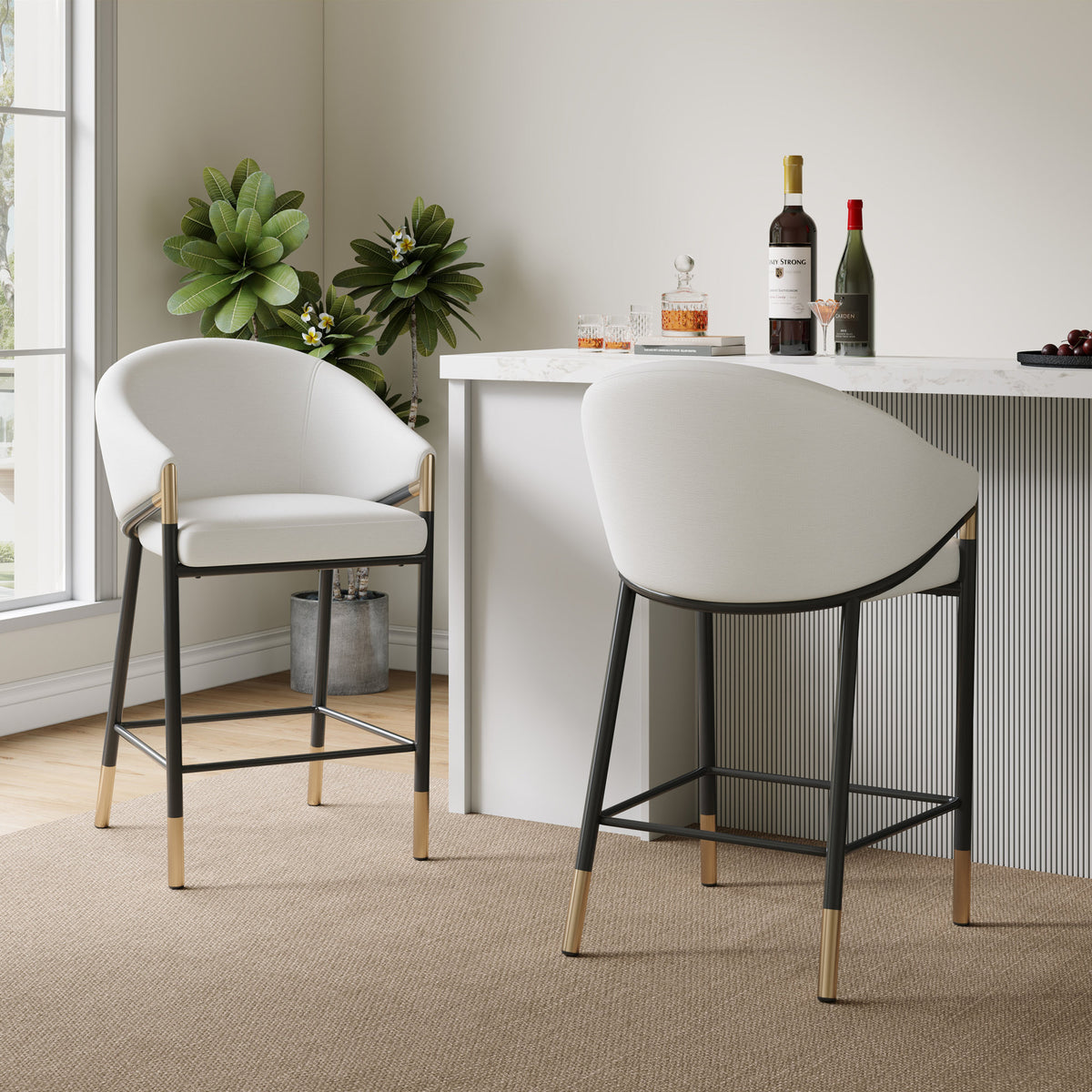 26" Seat Height, Modern Counter Stool with Curved Armrests & Gold Accents - Soft Beige Fabric, Black Metal Frame, Set of 2