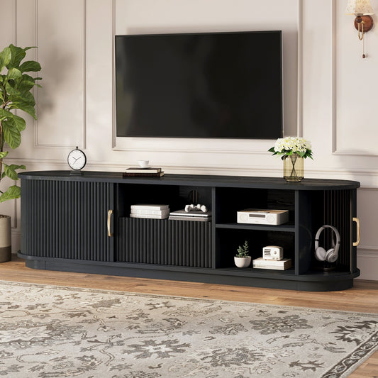 Vintage Rustic TV Stand with Sliding Wood Slatted Doors for TVs up to 75", Farmhouse Fluted TV Cabinet with Drawer
