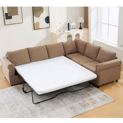 [NEW ARRIVED] [VIDEO PROVIDED] Sleeper Sofa, 2 in 1 Pull Out Couch Bed,6 seater sofa bed, L Shaped Sleeper Sectional Sofa Couch,Riveted sofa,104'' Large combined sofa Bed in living room, Brown