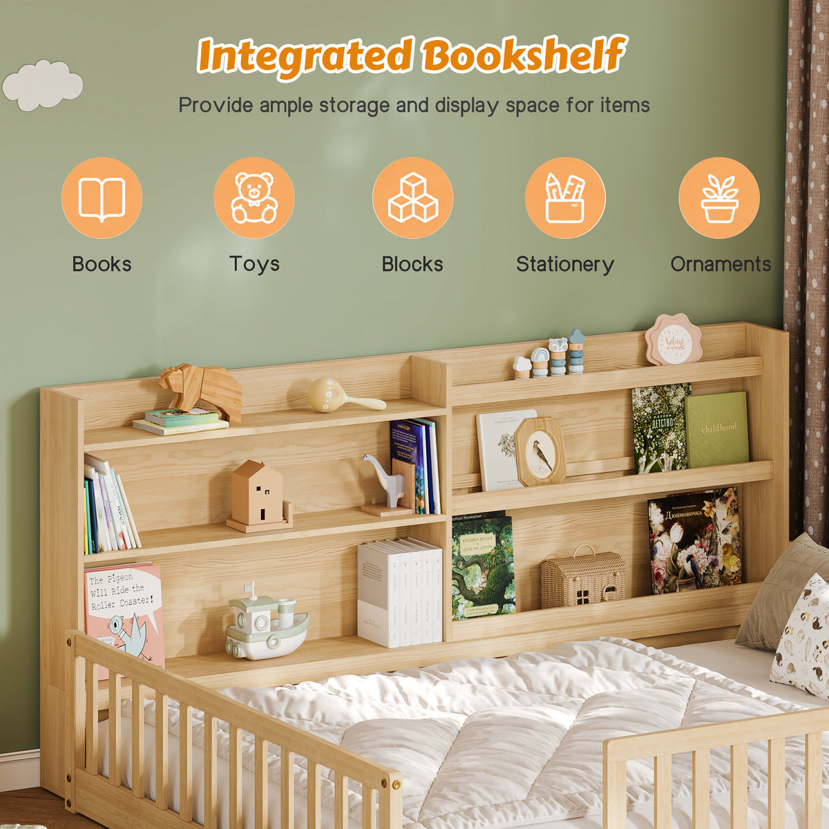 Twin Montessori Floor Bed with Bookshelf & Safety Rails, Natural,Solid pine wood kids bed with integrated bookshelf, low-to-ground Montessori design, safety fence rails and wide entrance.