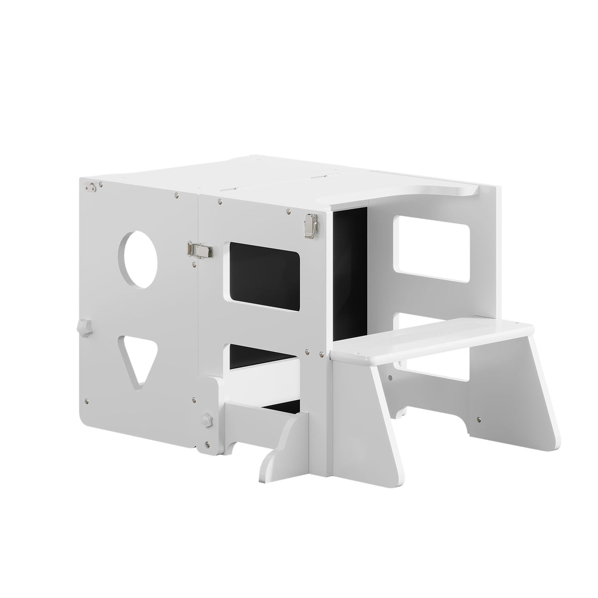 4-in-1 Toddler Kitchen Step Stool,Foldable Learning Standing Tower with Blackboard, Wooden Kitchen Stool Helper for Kids, 1-3 Year Old Boy Girl Gifts(White)