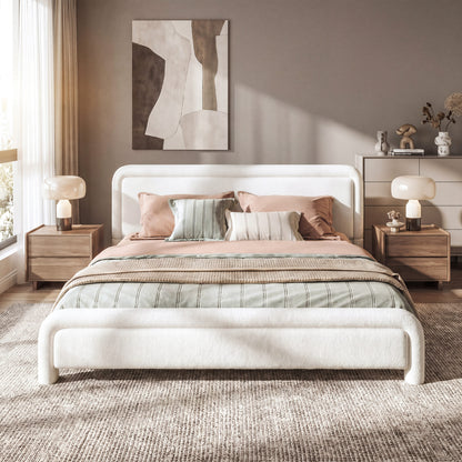 Modern White Boucle Upholstered King Size Platform Bed Frame with Curved Headboard, Wood Slats Support, No Box Spring Needed, Easy Assembly