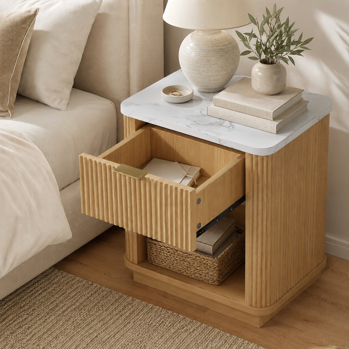 Natural Wood Finish Fluted Nightstand with Storage Drawer and Open Shelf, Faux Marble-Look Top, Gold-Tone Handle, Modern Bedside Table and End Table for Bedroom, Guest Room, Dorm and Living Room