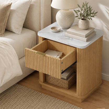 Natural Wood Finish Fluted Nightstand with Storage Drawer and Open Shelf, Faux Marble-Look Top, Gold-Tone Handle, Modern Bedside Table and End Table for Bedroom, Guest Room, Dorm and Living Room